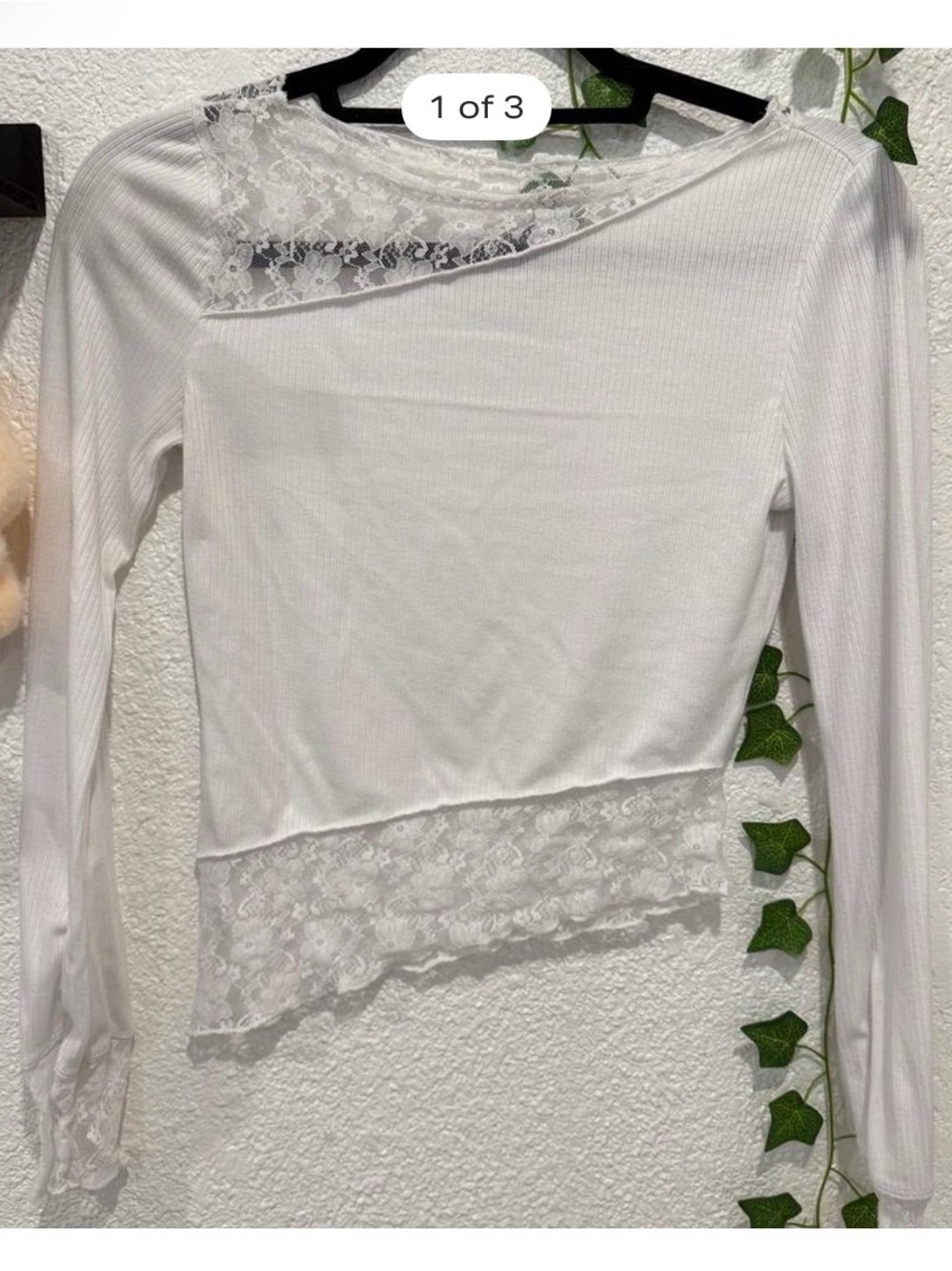 Macy's White Lace-Trim Ribbed Long Sleeve Top